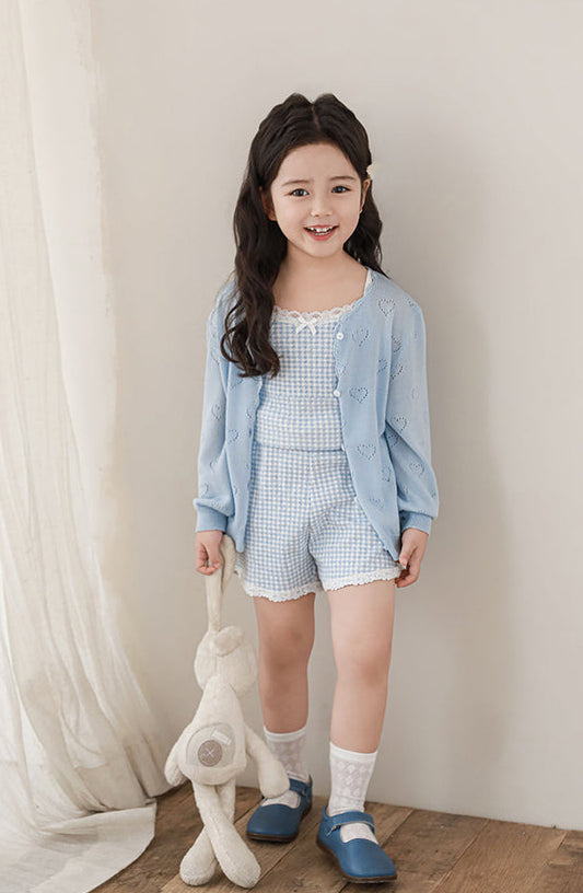 Lyocell Knit Heart Pointelle Cardigan, Powder Blue