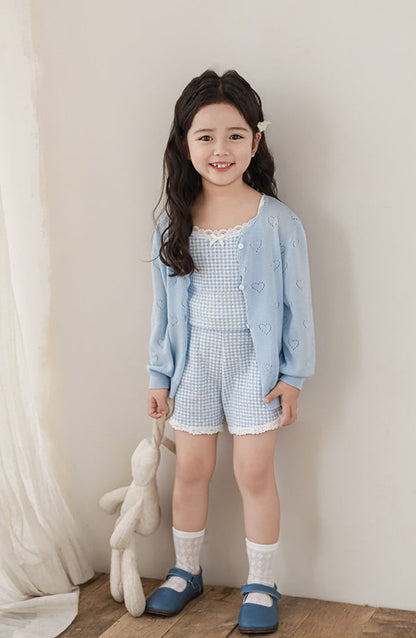 Lyocell Knit Heart Pointelle Cardigan, Powder Blue