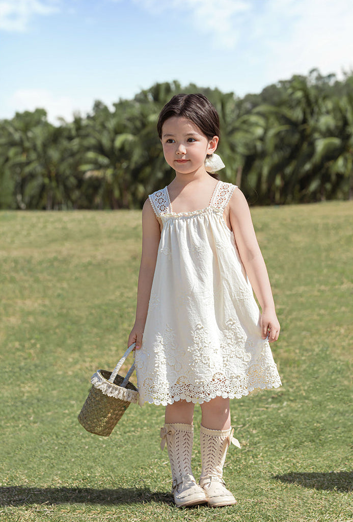 Elodie Floral Embroidered Broderie Strap Dress, Ivory