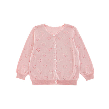 Girls lyocell heart pointelle knit cardigan for summer, in light pink