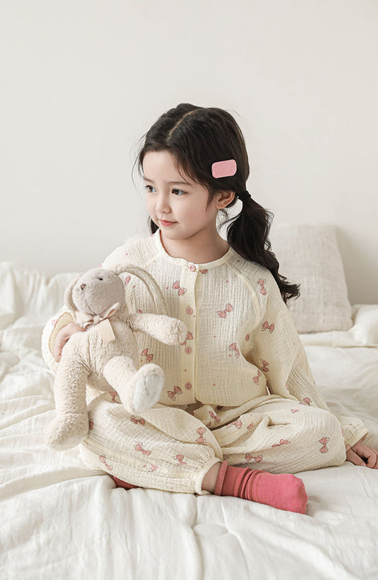 Muslin Button-Front Lounge Set, Pink Bow