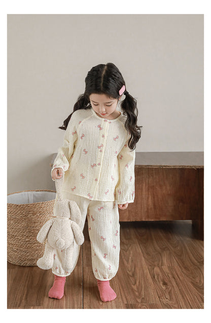 Muslin Button-Front Lounge Set, Pink Bow