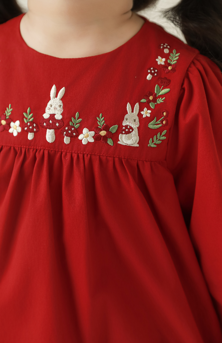 Sylvie Woodland Embroidered Dress, Berry Red