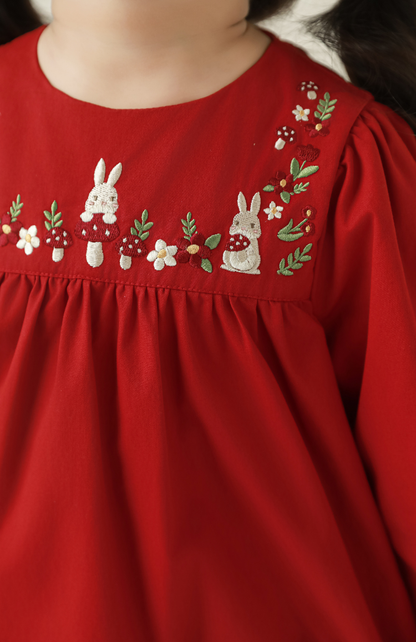 Sylvie Woodland Embroidered Dress, Berry Red