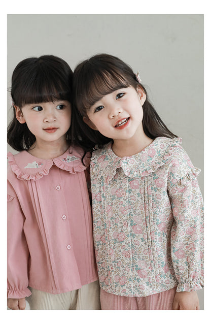 Embroidered Collar Ruffled Blouse, Dusty Rose
