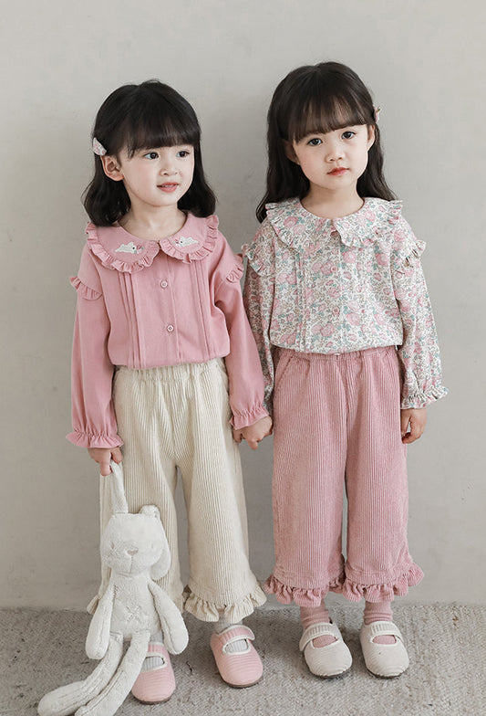 Embroidered Collar Ruffled Blouse, Dusty Rose