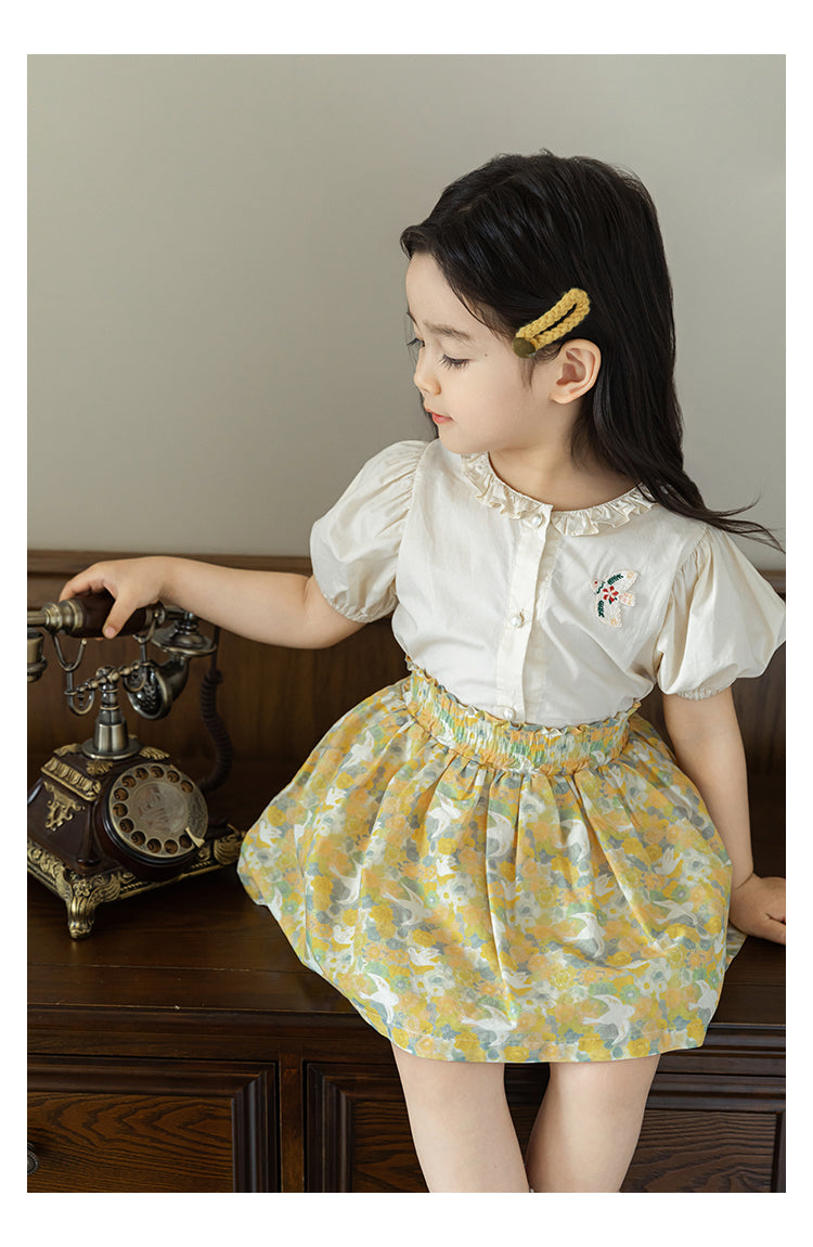 Bird Appliqué Button-Front Blouse, Pearl