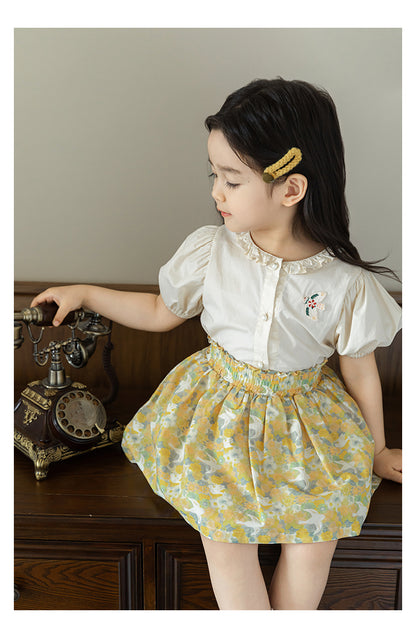 Bird Appliqué Button-Front Blouse, Pearl