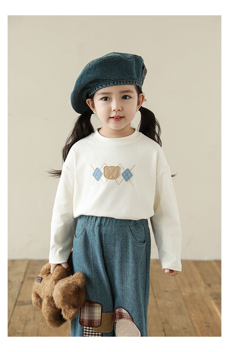 Bear Appliqué Long Sleeve Top, Ivory