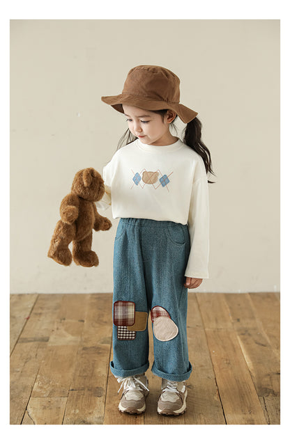 Bear Appliqué Long Sleeve Top, Ivory