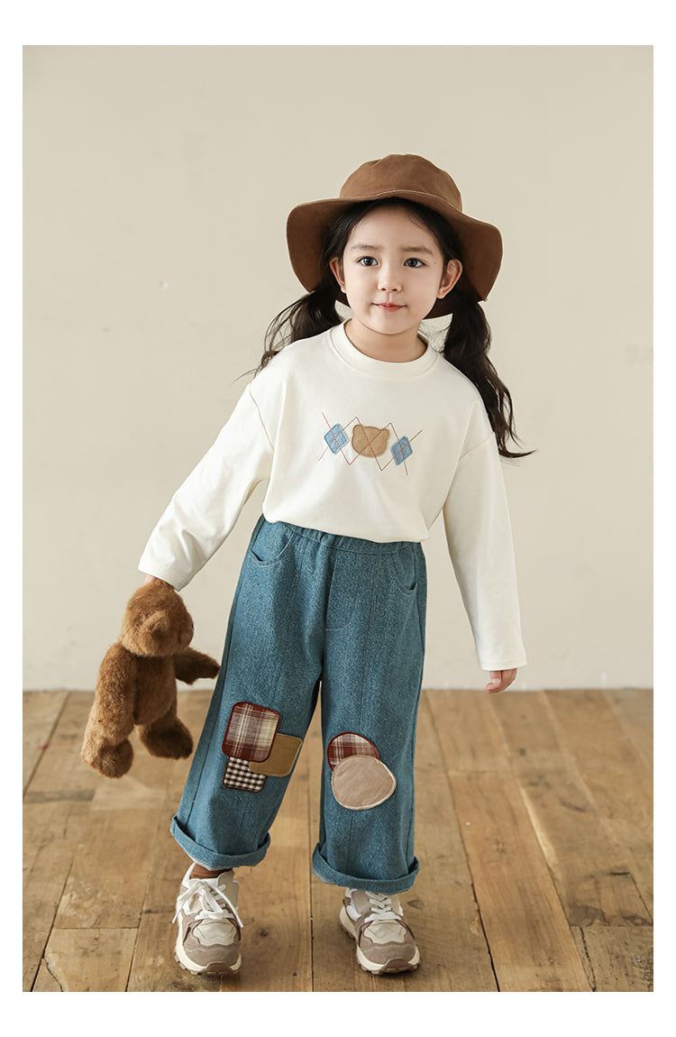 Bear Appliqué Long Sleeve Top, Ivory