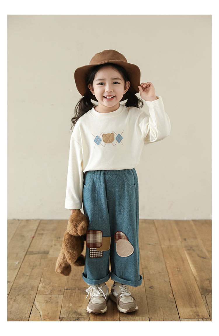 Bear Appliqué Long Sleeve Top, Ivory