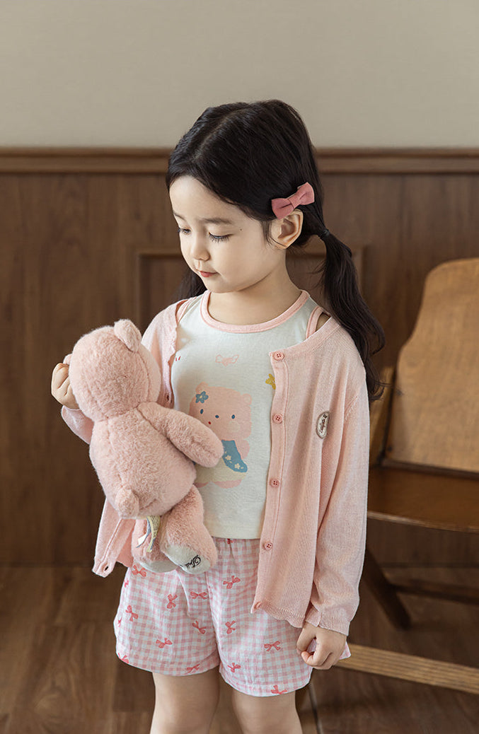 Lyocell Knit Bear Appliqué Cardigan, Blush Pink