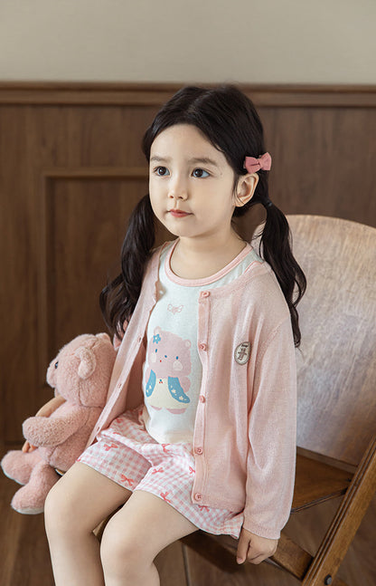 Lyocell Knit Bear Appliqué Cardigan, Blush Pink