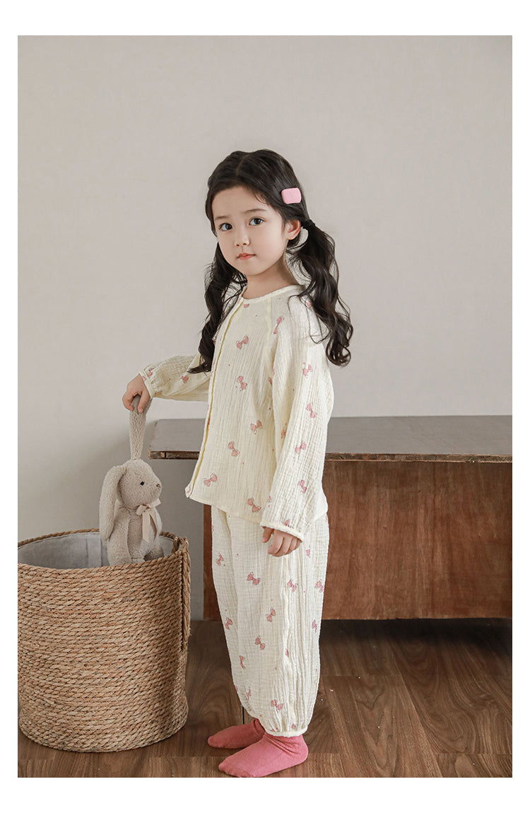 Muslin Button-Front Lounge Set, Pink Bow
