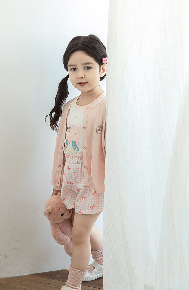 Lyocell Knit Bear Appliqué Cardigan, Blush Pink