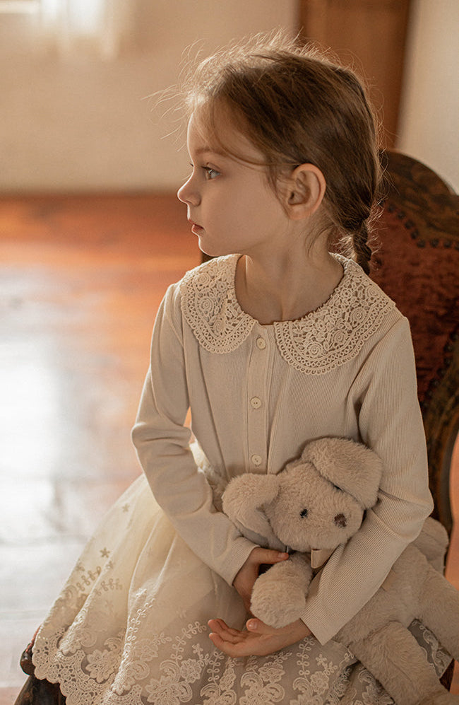 Crochet Collar Ribbed Blouse, Ivory