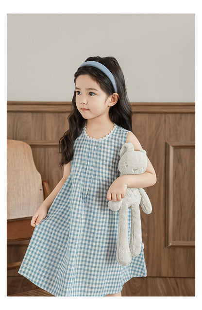 Freya Lace Trim Pleated Dress, Blue Gingham