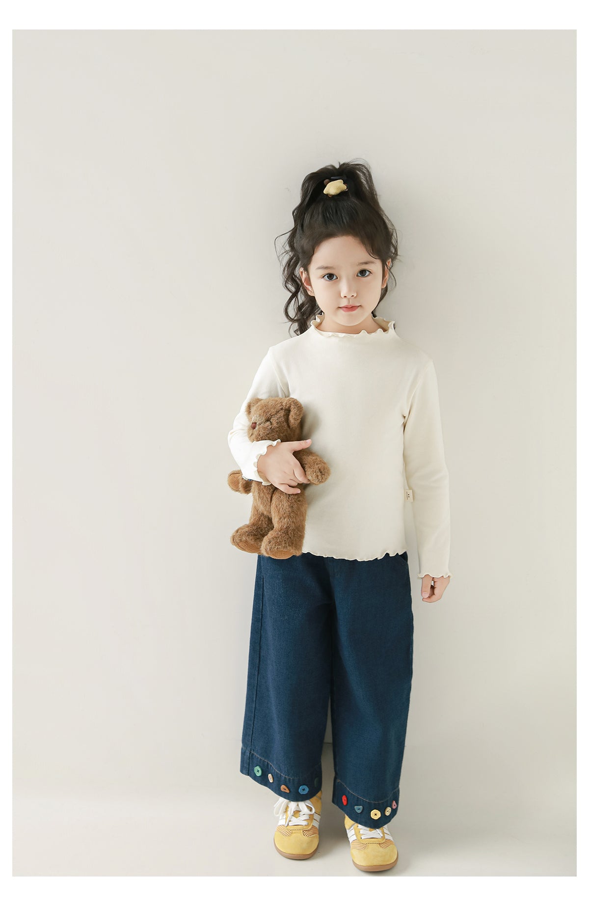 Button Embellished Frill Trim Top, Cream