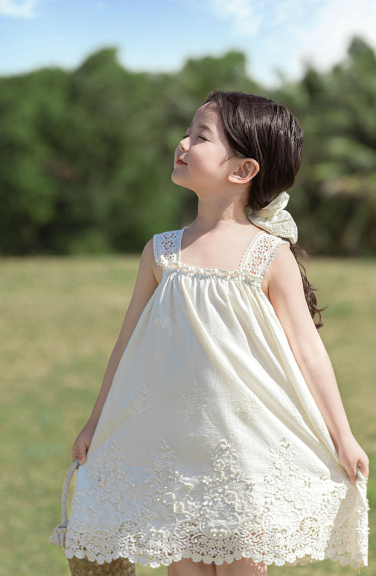 Elodie Floral Embroidered Broderie Strap Dress, Ivory