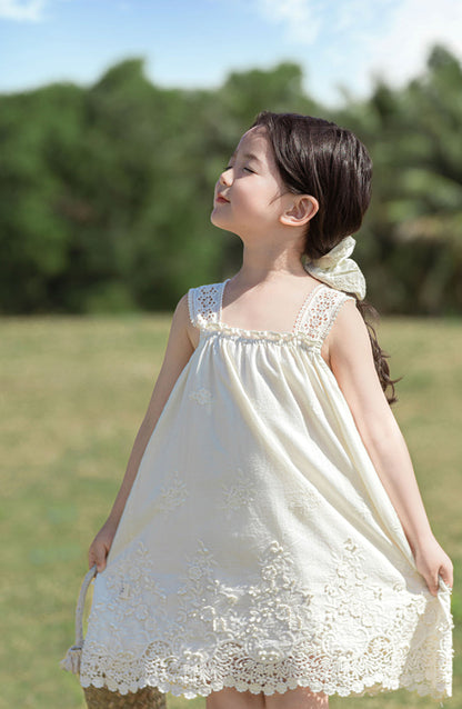 Elodie Floral Embroidered Broderie Strap Dress, Ivory