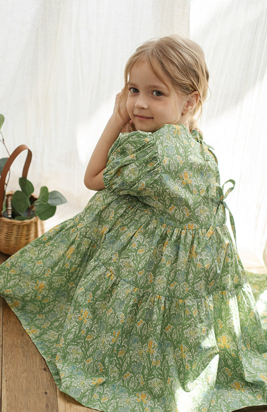 Daisy Tie-Back Dress, Green Floral