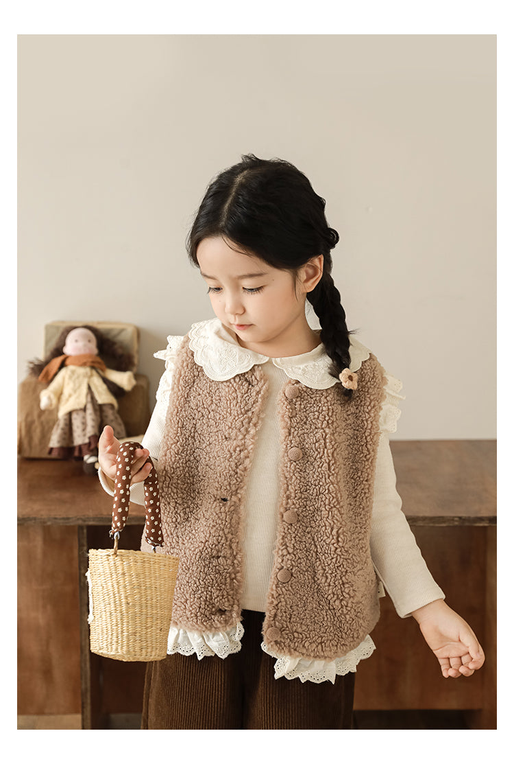 Lace Trim Pile Gilet, Latte Brown