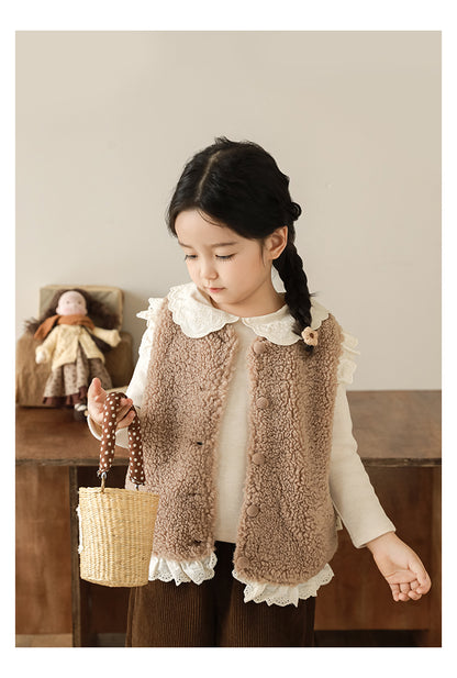Lace Trim Pile Gilet, Latte Brown