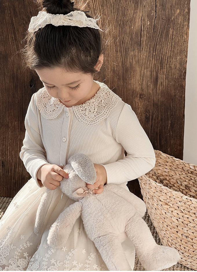 Crochet Collar Ribbed Blouse, Ivory