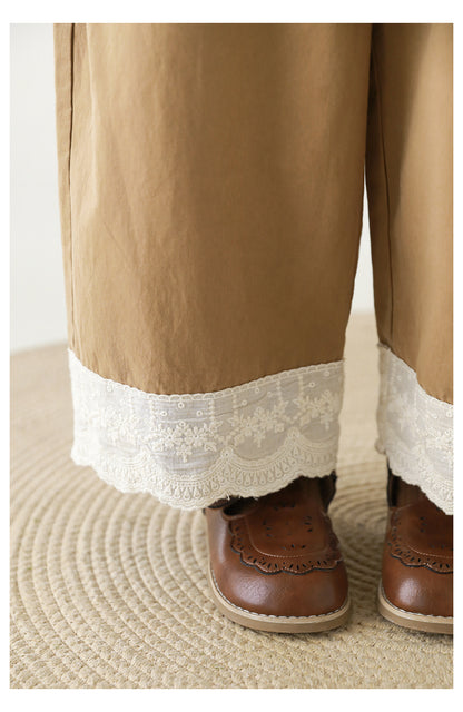 Girls Lace Embroidered Pleated Trousers, Camel