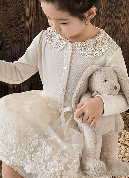 Crochet Collar Ribbed Blouse, Ivory