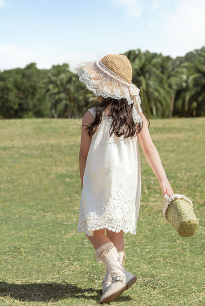 Elodie Floral Embroidered Broderie Strap Dress, Ivory