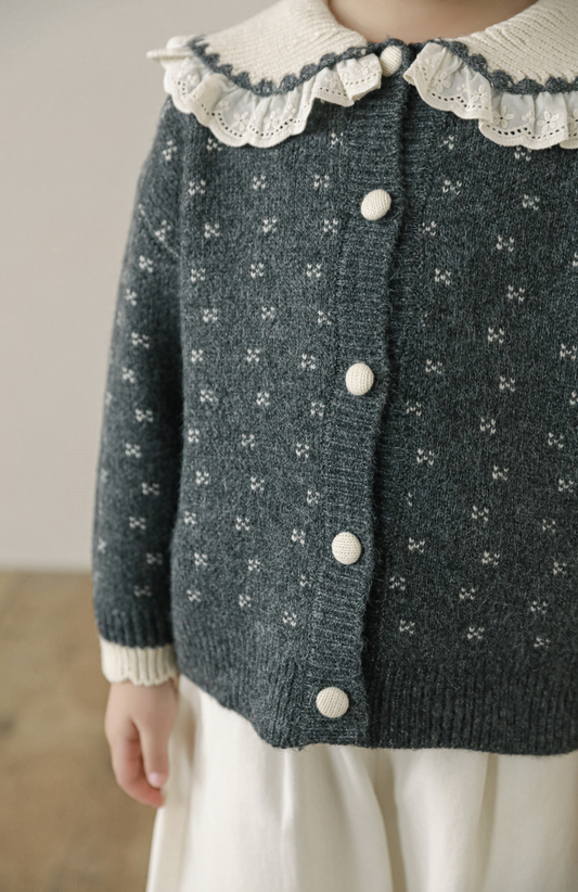 Lace Collar Embroidered Cardigan, Grey Floral