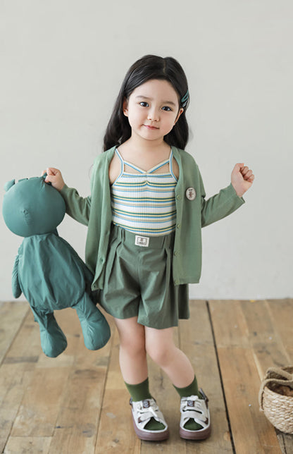 Lyocell Knit Bear Appliqué Cardigan, Sage Green