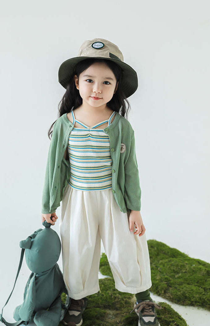 Lyocell Knit Bear Appliqué Cardigan, Sage Green