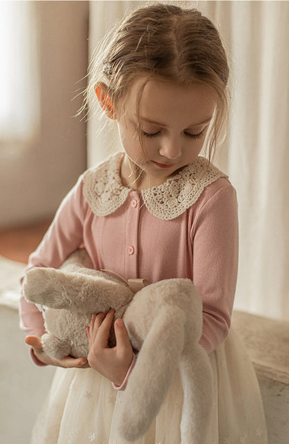 Crochet Collar Ribbed Blouse, Blush Pink