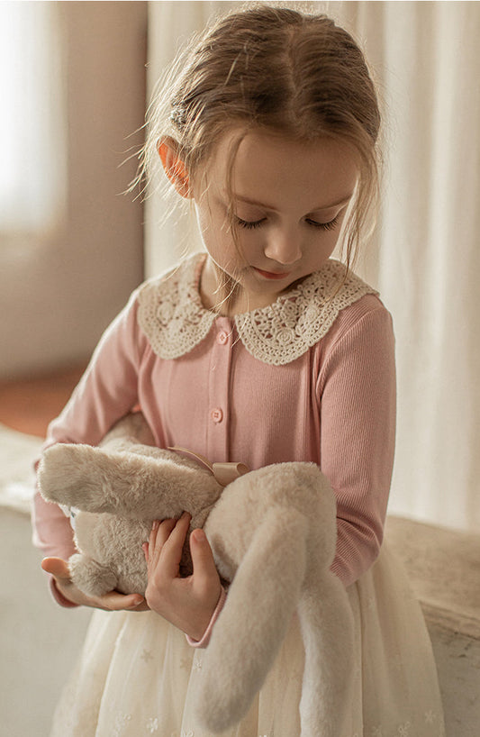 Crochet Collar Ribbed Blouse, Blush Pink