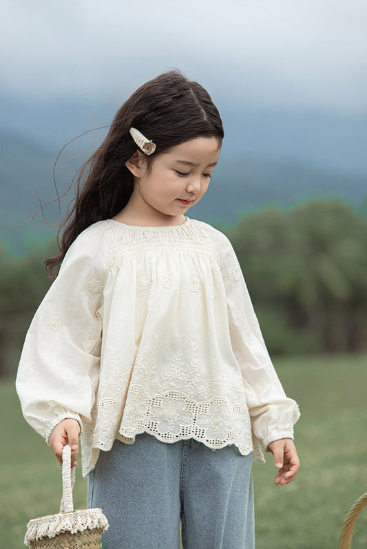 Floral Embroidered Broderie Detail Blouse, Ivory
