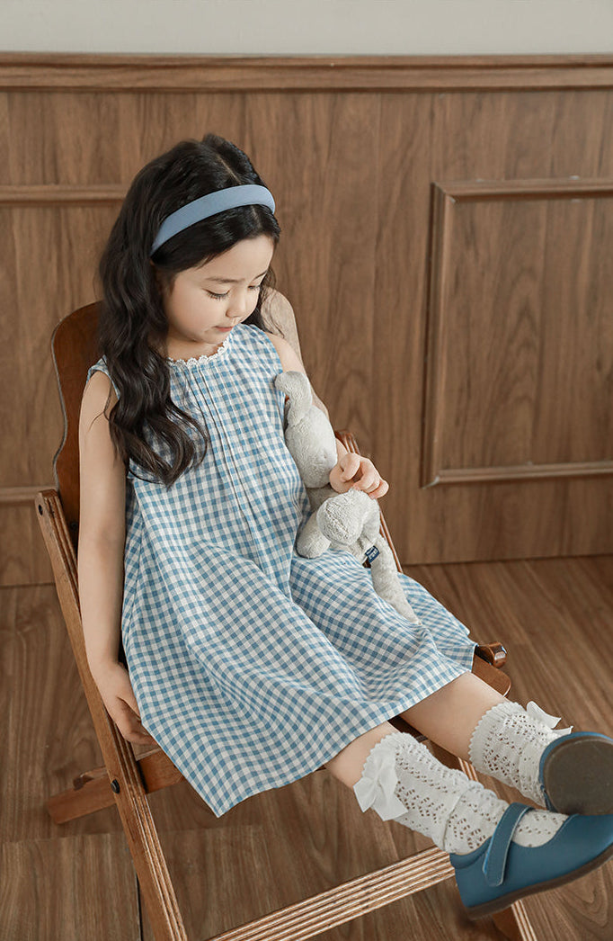 Freya Lace Trim Pleated Dress, Blue Gingham