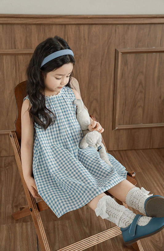 Freya Lace Trim Pleated Dress, Blue Gingham