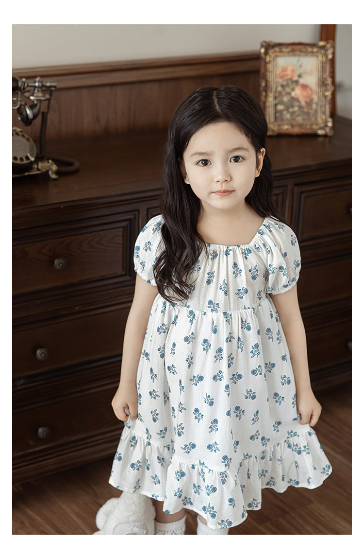 Elsie Square Neck Ruffle Hem Dress, Blue Floral