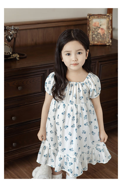 Elsie Square Neck Ruffle Hem Dress, Blue Floral