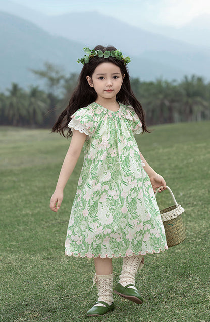 Ivy Butterfly Appliqué Dress, Green Floral