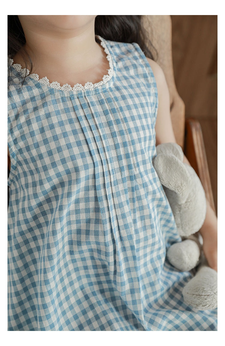 Freya Lace Trim Pleated Dress, Blue Gingham
