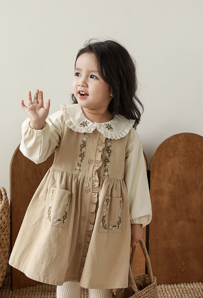 Audrey Embroidered Pinafore Dress, Beige