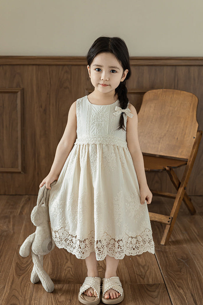 Elena Floral Embroidered Sleeveless Dress, Ivory