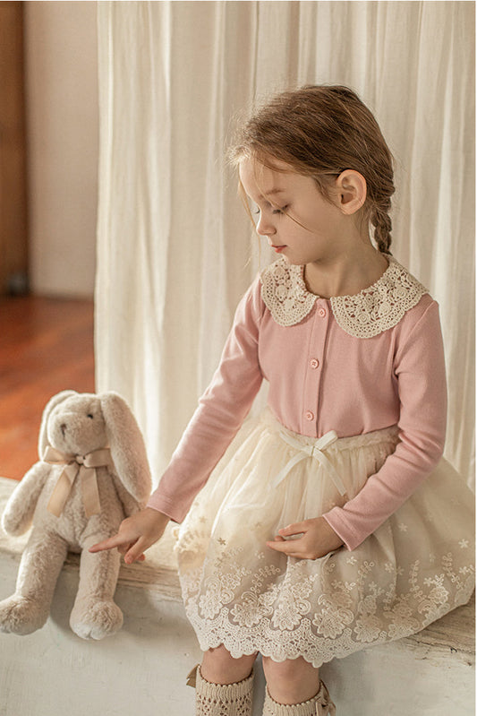 Crochet Collar Ribbed Blouse, Blush Pink