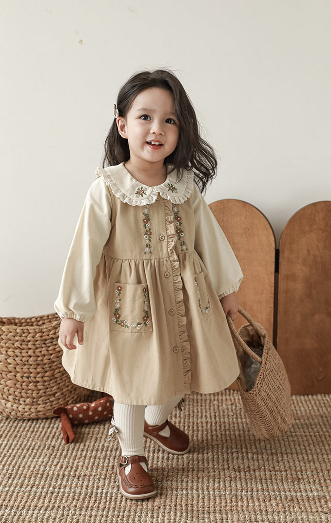 Audrey Embroidered Pinafore Dress, Beige