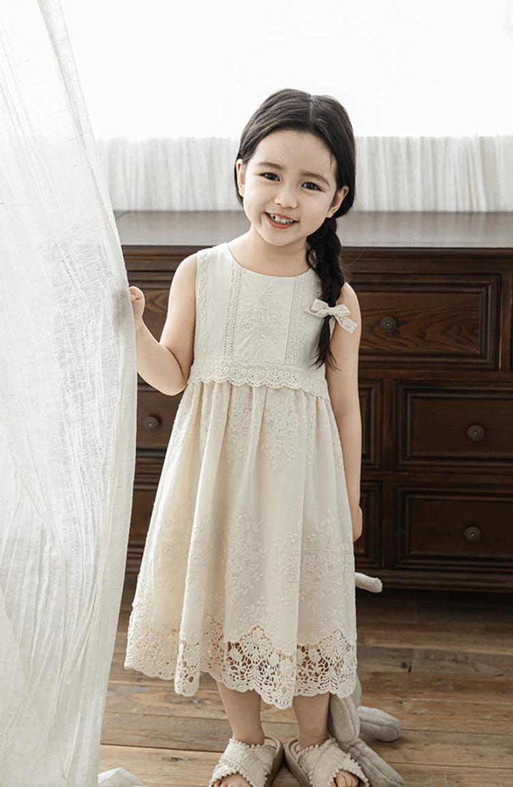 Elena Floral Embroidered Sleeveless Dress, Ivory