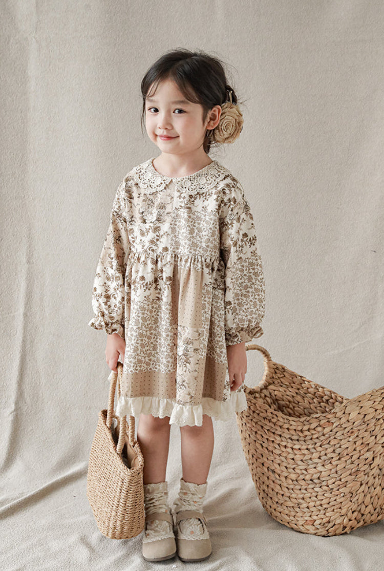 Fleur Crochet Collar Dress, Mocha Floral Patchwork